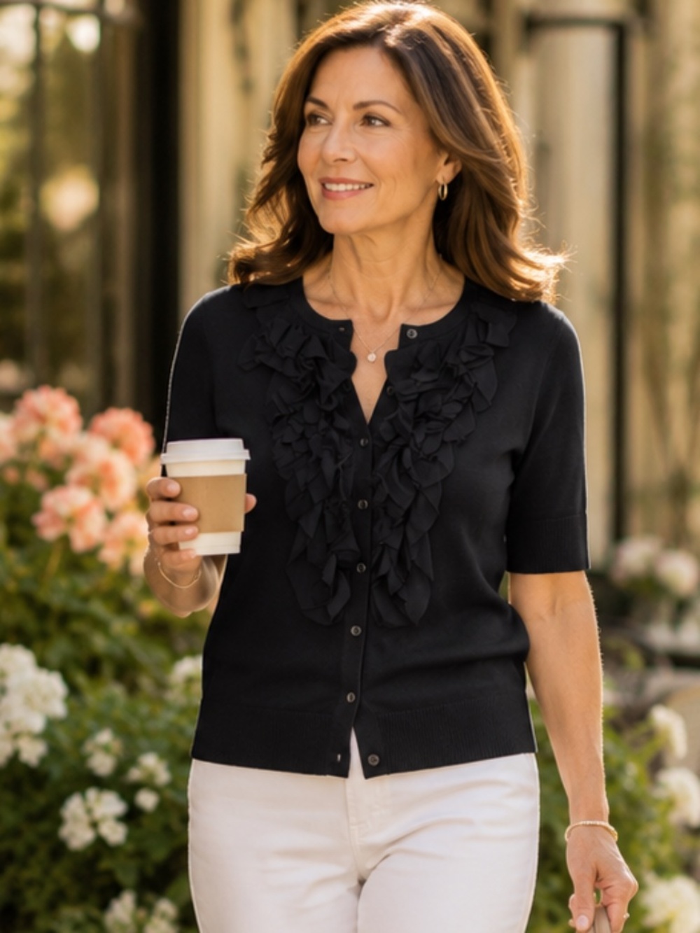 Romantic Ruffle Cardigan Chico's Black Button Front Sweater Size 0
